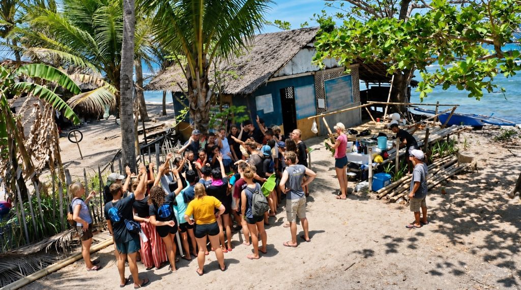 Volunteers and students being briefed at the Sea.