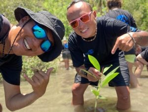 Two smiling volunteers holding up a mangrove seedling during a planting activity