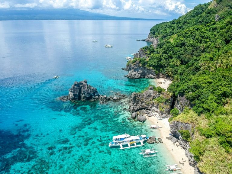 Turquoise water and forested limestone cliffs along the coast of Siquijor