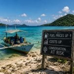 Dive boat at beach with sign about rising fuel prices