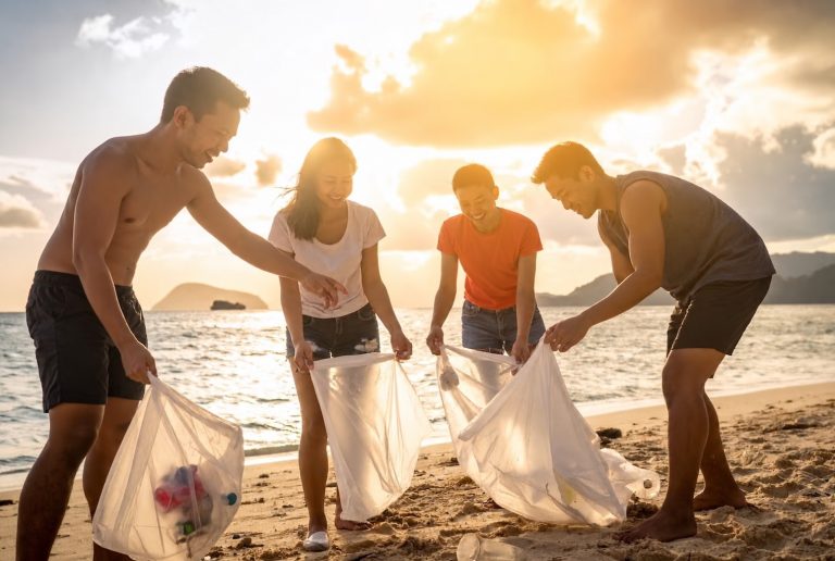 Volunteers collecting beach rubbish into sacks