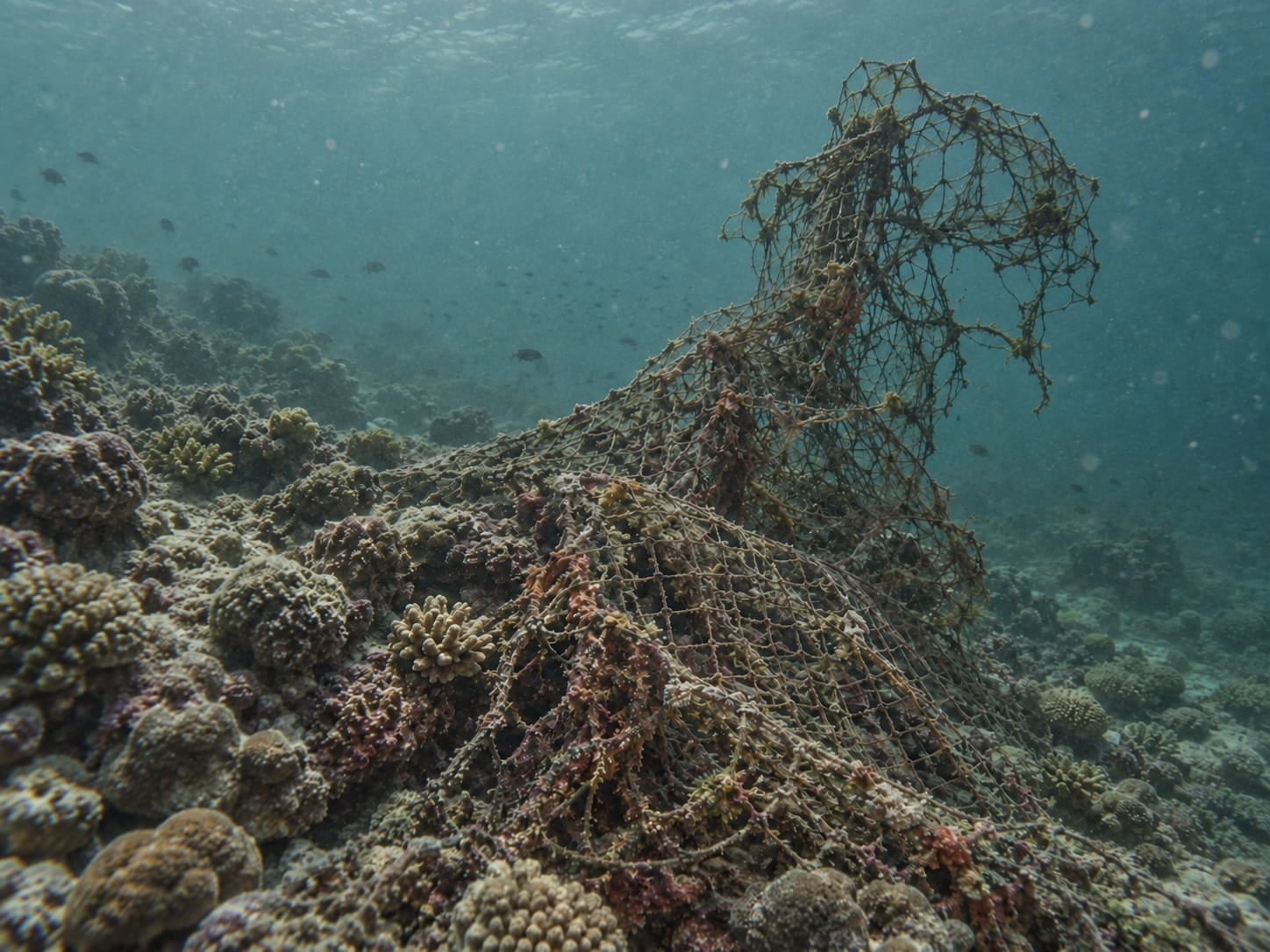 Ghost net draped over corals on a deep reef