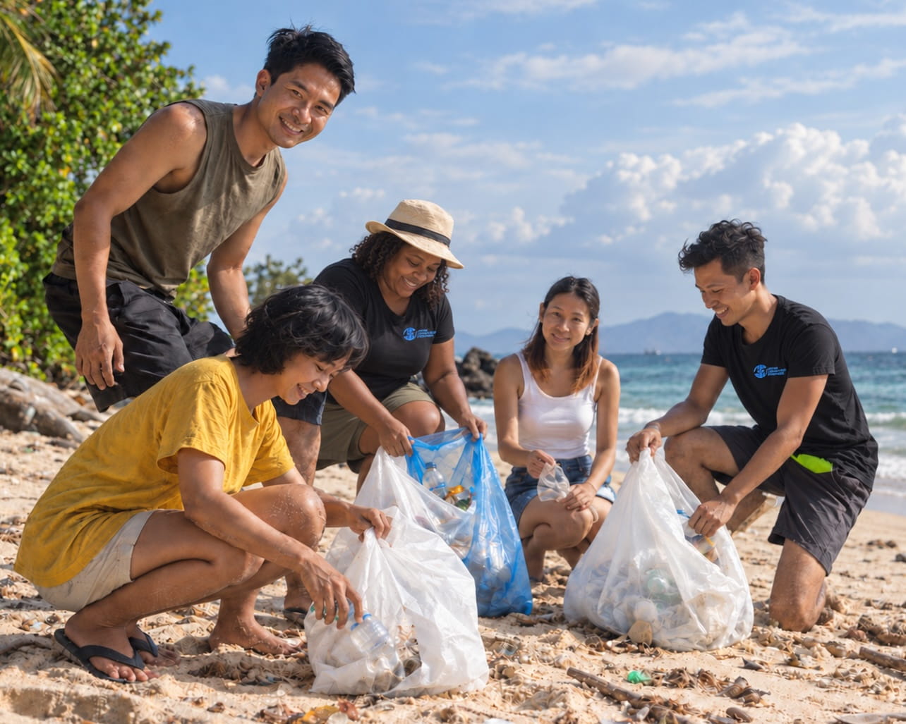 Volunteers picking up plastic waste along a beach during a clean-up