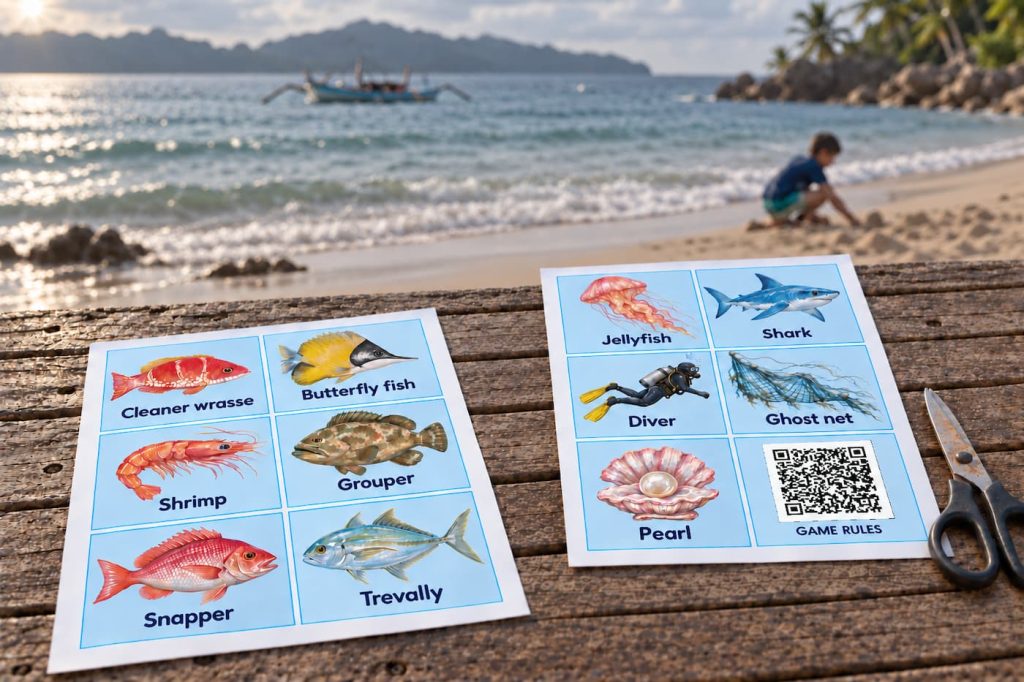 Two printed sheets of Marine Life Stratego cards and a pair of scissors on a wooden table by the beach